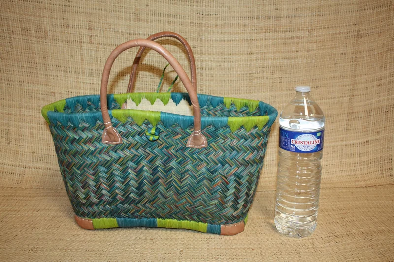 Panier sac cabas - Vert & Turquoise - tressé à la main - idéal courses , marchés , travail , plage , déco... raphia palmier - 3 TAILLES
