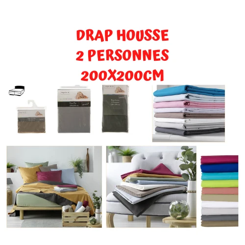Drap housse 2 personnes 200x200cm - 100% PUR COTON 57 FILS - King Size Qualité