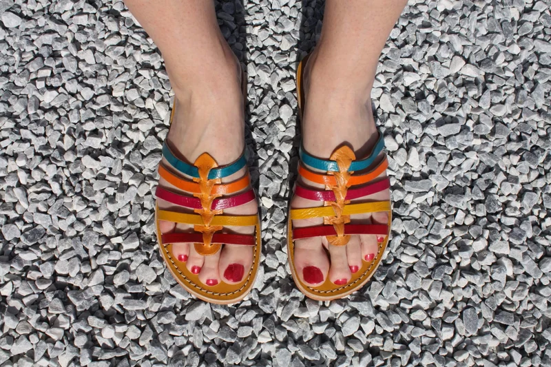 Sandales été Femme - CUIR MULTICOLORE - Artisanale & Naturelle - Du 35 au 43 - Turquoise Camel Fuchsia Jaune Rouge -