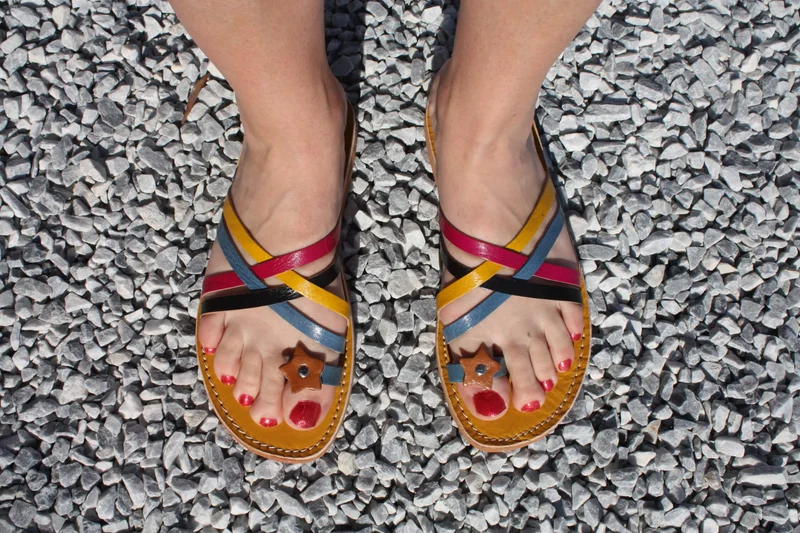 Sandales Femme - CUIR CROISÉ CONFORT - Fait Main & Naturelle - Du 35 au 42 - Bleu, Jaune, Noir et Fuchsia -