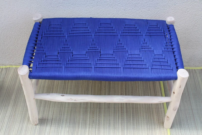 SUPERBE BANC tressage Nylon BLEU - Bois de Citronnier - Banquette tressée Main - Décoration tendance