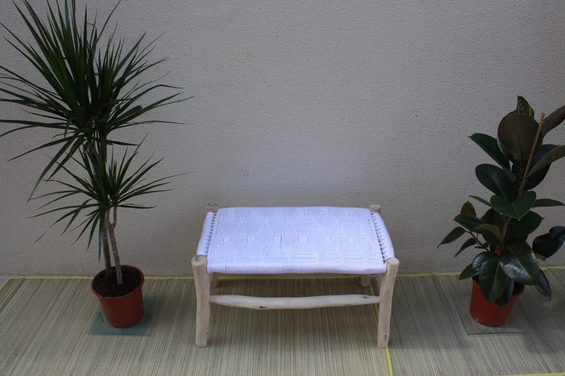 BANC Marocain Blanc - Bois de Citronnier - Banquette tressée nylon - Décoration Bohème