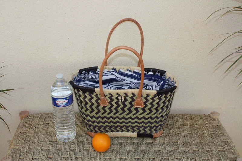 Panier Marché Noir & Naturel - Pochon Tissu WAX Bleu et Blanc - Cabas courses - Sac de plage - 3 Tailles -