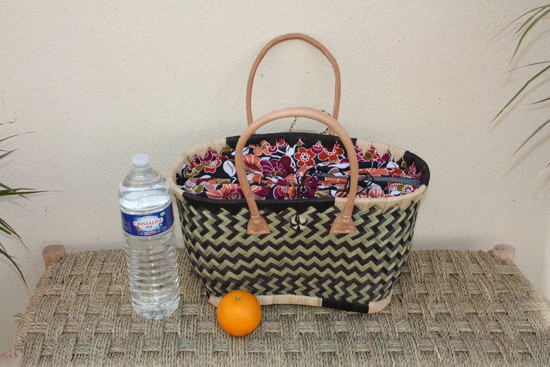 Panier Marché Noir avec Pochon Tissu WAX fleurs ORANGE & FUCHSIA - Cabas courses - Sac de plage - 3 Tailles -