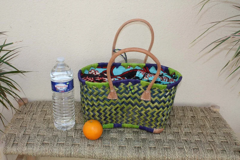 Cabas courses Vert & Bleu - Pochon Tissu WAX Fleurs Rouge - Panier marché - Sac de plage - 3 TAILLES