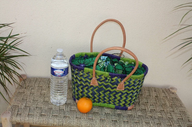 Cabas de courses avec Pochon Tissu WAX Vert & Bleu - panier marché - Sac de plage - 3 TAILLES