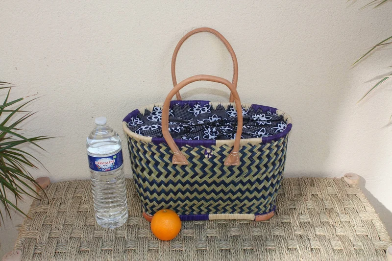 Panier de courses avec Pochon Tissu WAX fleurs Bleu - Cabas marchés - Sac de plage - 3 TAILLES -
