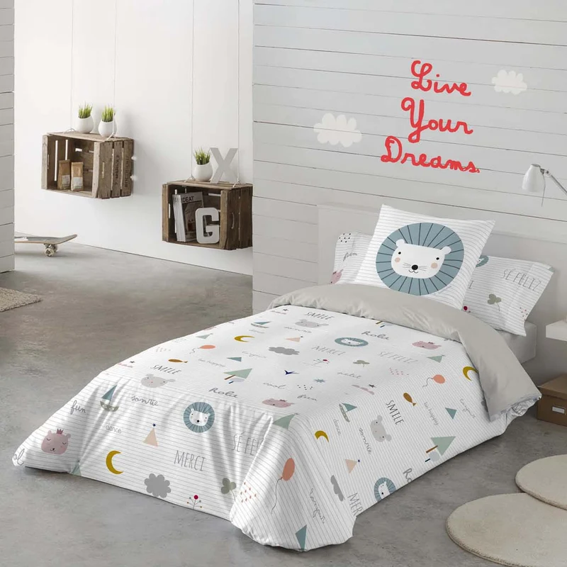 FUNDA NÓRDICA ESTAMPADA INFANTIL SE FELIZ 100% ALGODÓN