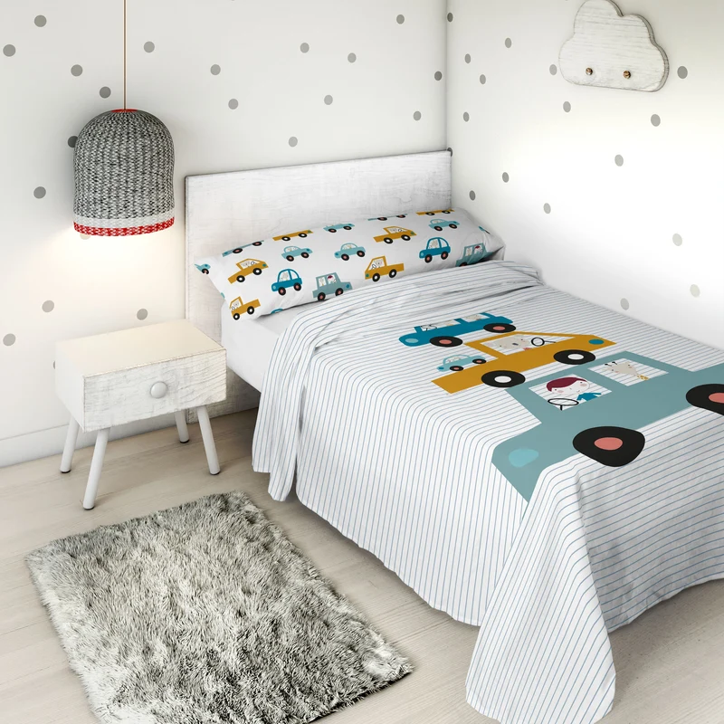 JUEGO SÁBANAS ESTAMPADAS INFANTIL COCHES A 100% ALGODÓN