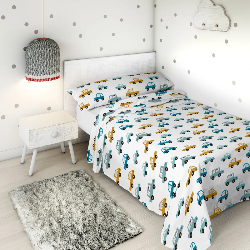 JUEGO SÁBANAS ESTAMPADAS INFANTIL COCHES B 100% ALGODÓN