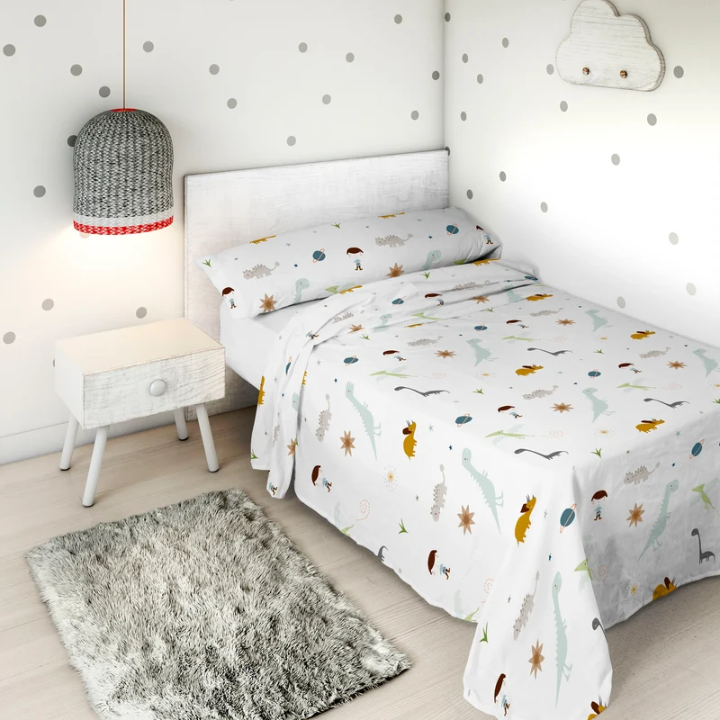 JUEGO SÁBANAS ESTAMPADAS INFANTIL DINOS B 100% ALGODÓN