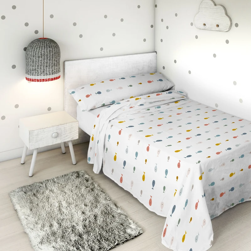 JUEGO SÁBANAS ESTAMPADAS INFANTIL MAPAMUNDI COORD 100% ALGODÓN