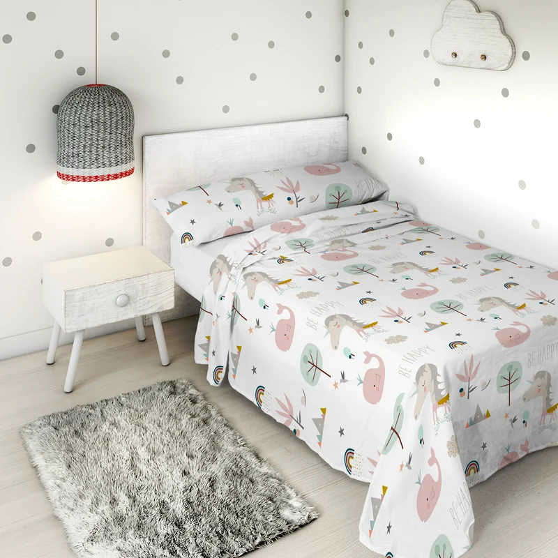 JUEGO SÁBANAS ESTAMPADAS INFANTIL RAINBOWLAND 100% ALGODÓN
