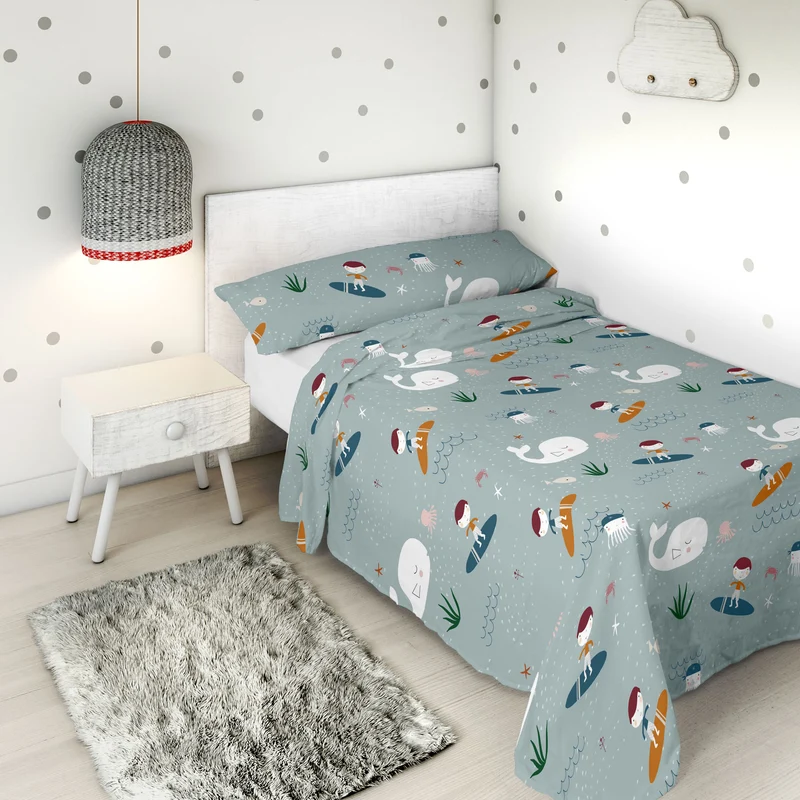 JUEGO SÁBANAS ESTAMPADAS INFANTIL SURF B 100% ALGODÓN