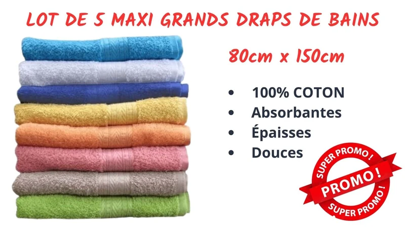 Lot de 5 MAXI Draps de bain - 80x150cm - GRANDES SERVIETTES 100% Coton de Qualité