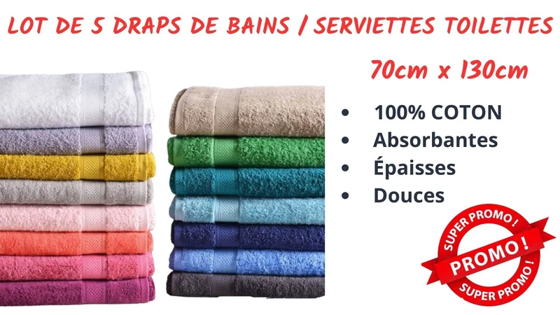 Lot de 4 Draps de bain - 70x130cm - 100% Coton - Serviette Toilette Qualité