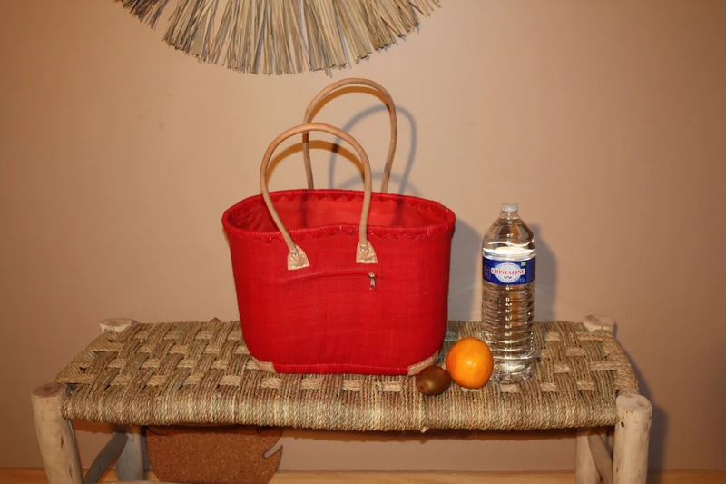 Panier Doublure Rabane Rouge + Poche zippée - Sac Cabas Anses Longues - 3 TAILLES - Marchés, courses, plage...
