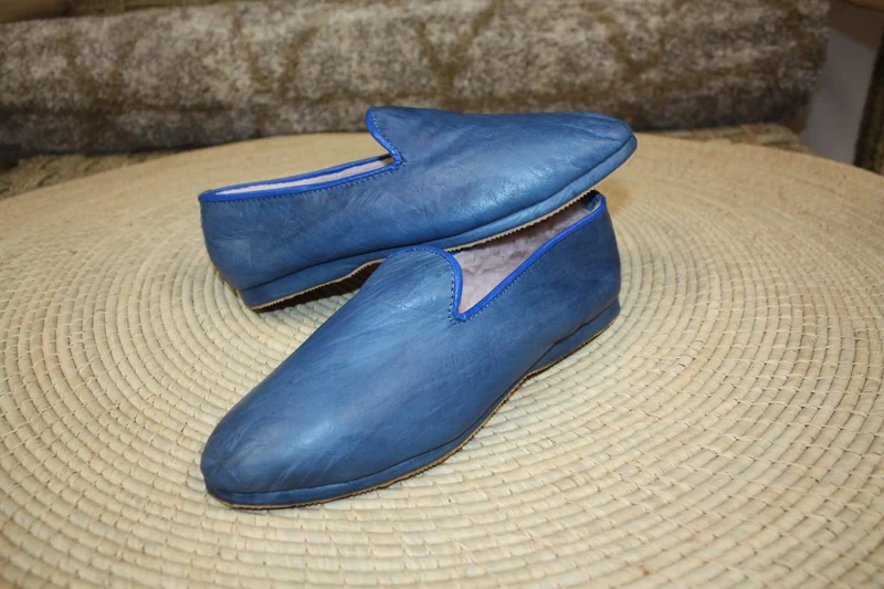 Chaussons CUIR - Chaud & Confortable - Bleu Jeans - Talons pliables - Couture "cousu retourné" - Homme et Femme - Du 36 au 46