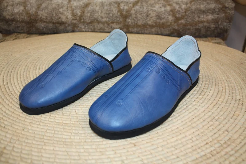 Babouches CUIR Bleu Jeans SEMELLES en PNEUS - Talons pliables - Couture "cousu retourné" - Homme & Femme - Du 40 au 45