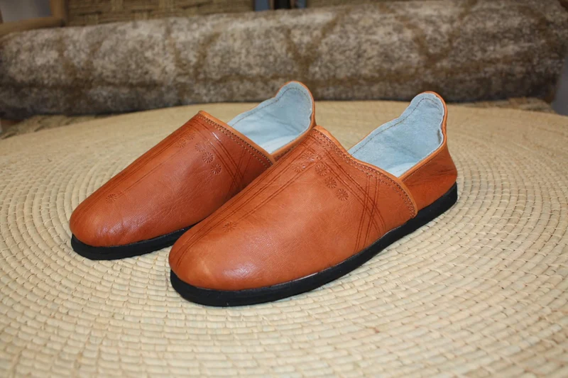 Babouches CUIR Camel SEMELLES en PNEUS - Talons pliables - Couture "cousu retourné" - Homme & Femme - Du 40 au 46