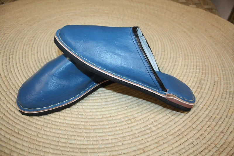 Babouches SEMELLES en PNEUS recyclés ! Cuir Bleu Jeans - Ultra Solide - Homme & Femme - Du 35 au 45