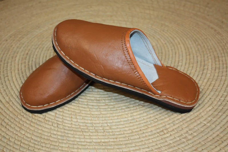 Babouches SEMELLES en PNEUS recyclés ! Cuir Camel - Ultra Solide - Homme & Femme - Du 35 au 45