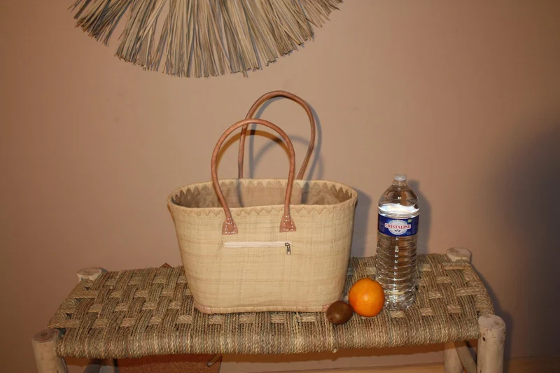 Panier Beige Naturel - Doublé Rabane + Poche zippée - Sac Cabas Anses Longues - 3 TAILLES - Marchés, courses, plage...