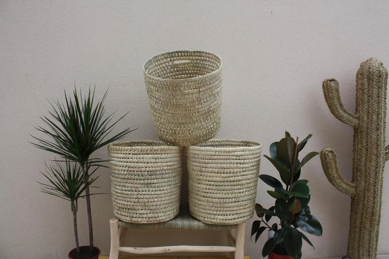 Panier Rond - Coffre de rangement - Tressé en Palmier Blanc - Bac Corbeille à Linge - Paille Rotin Osier