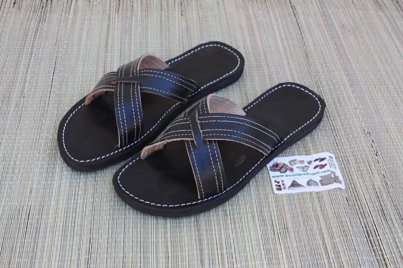 SANDALES CUIR NOIR - Homme & Femme - Tressage Croisé - Fait Main - Confort Respirante - Du 36 au 47