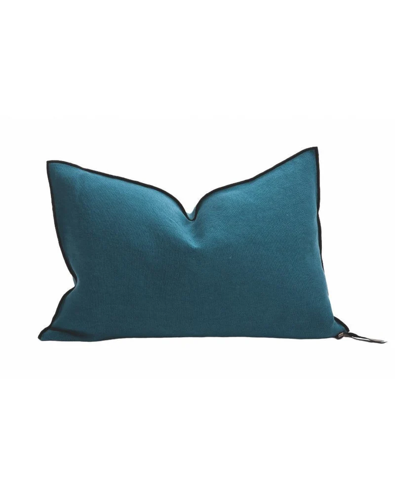 Coussin Vice Versa Black Line en Lin Stone Washed, Paon