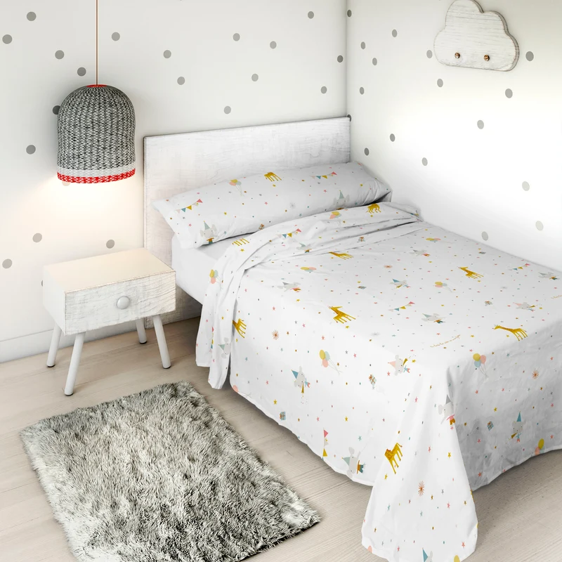 JUEGO SÁBANAS ESTAMPADAS INFANTIL FIESTA B 100% ALGODÓN