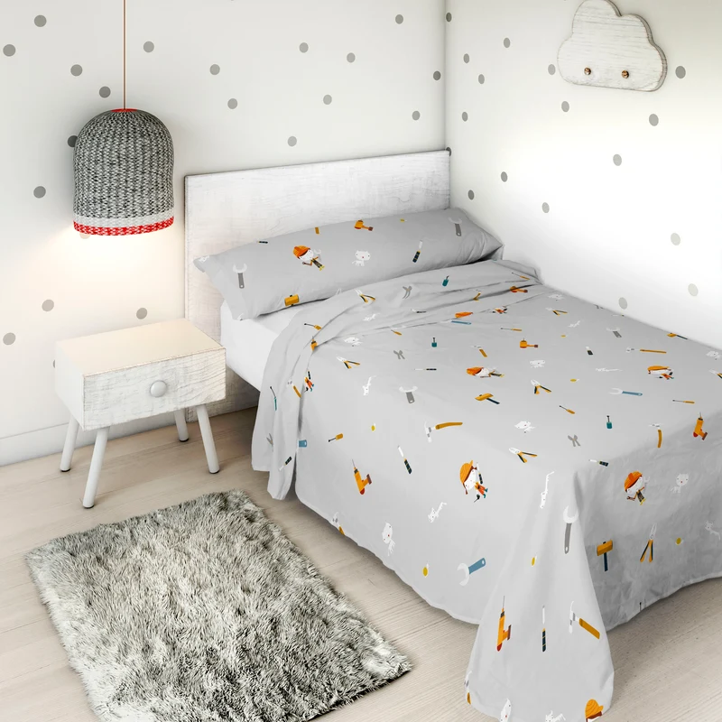 JUEGO SÁBANAS ESTAMPADAS INFANTIL HERRAMIENTAS B 100% ALGODÓN
