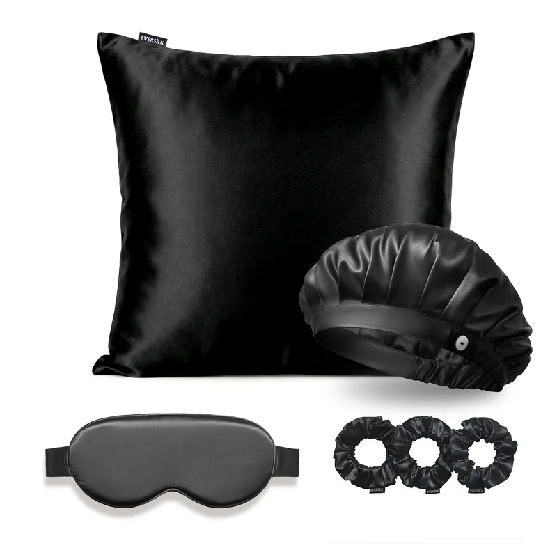 Coffret Signature EVERSILK — Taie d’oreiller + Masque de nuit + Bonnet + Chouchou - Noir