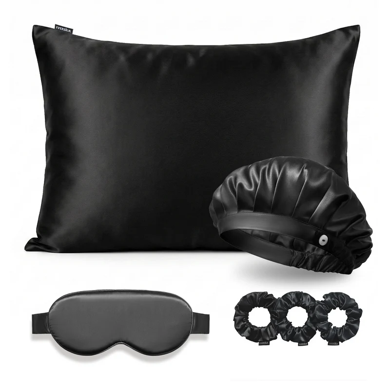 Coffret Signature EVERSILK — Taie d’oreiller + Masque de nuit + Bonnet + Chouchou - Noir
