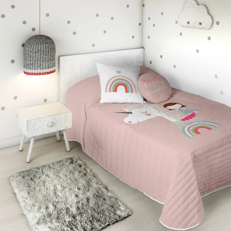 COLCHA BOUTI REVERSIBLE ESTAMPADA INFANTIL UNICORN PINK 100% ALGODÓN