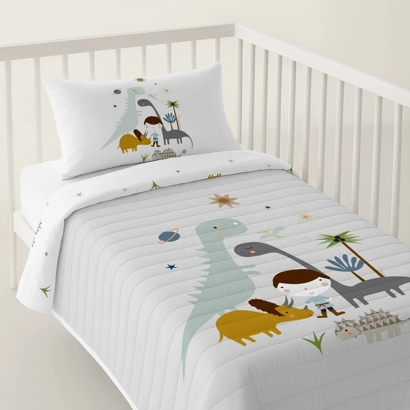 COLCHA BOUTI REVERSIBLE ESTAMPADA BEBÉ CUNA DINOS 100% ALGODÓN