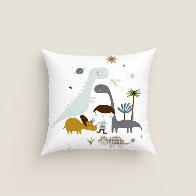 FUNDA DE COJÍN INFANTIL ESTAMPADO DINOS 100% ALGODÓN