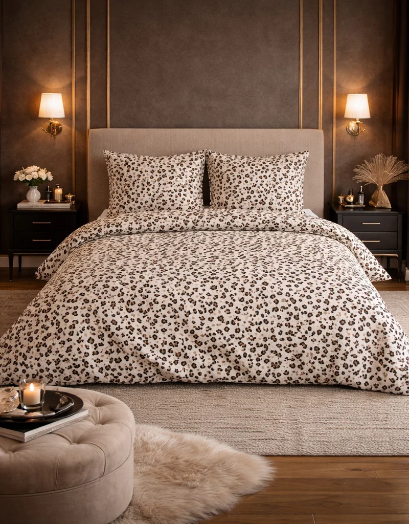 Parure de Lit en Coton Réversible - Imprimé Léopard Beige