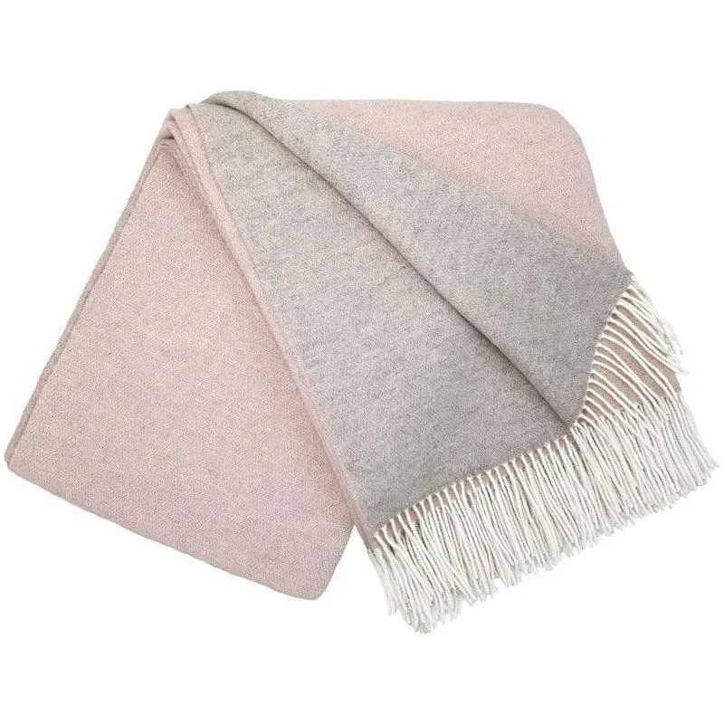 Plaid pure laine Mérinos & Cachemire bicolore Gourette Gourette double face Rose poudré & Perle / 140X200 déclassé - MS314