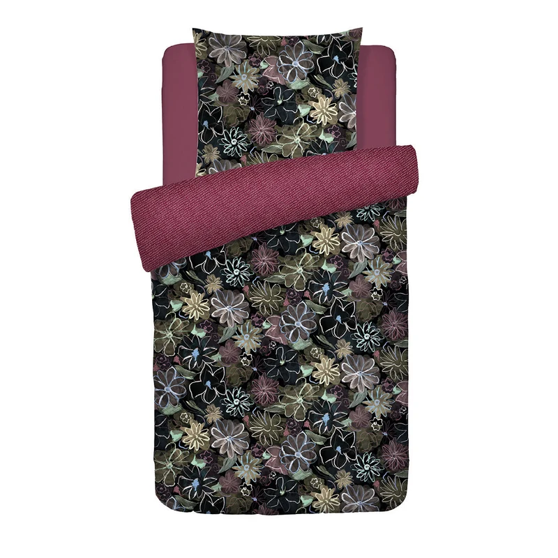 Housse de couette + taie(s) d'oreiller satin de coton - Fleurs pastel noir