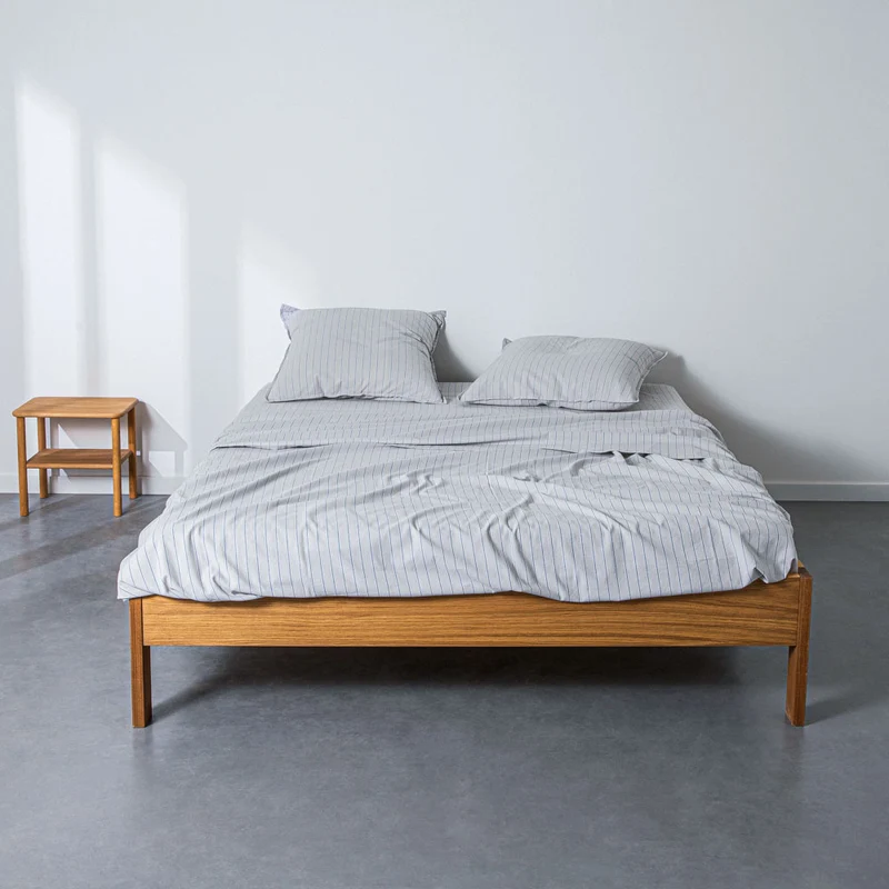 Drap plat en percale de coton lavé 300 fils • Rayures Bleues