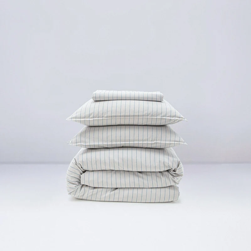 Parure de lit en percale de coton lavé 300 fils • Rayures Bleues