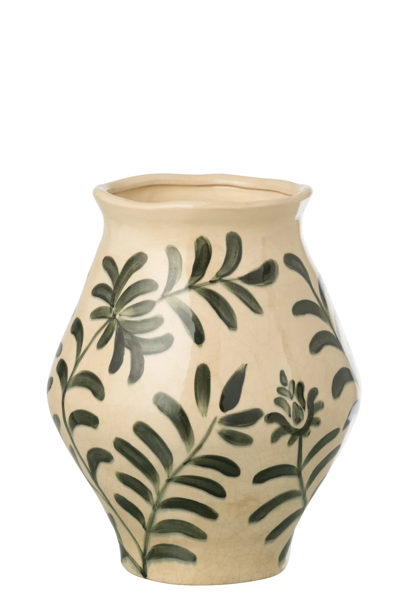 LEAVES Grand Vase en grès feuilles vert foncé/beige