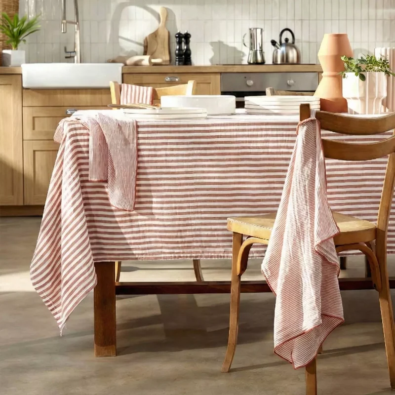 ROMIE Nappe gaze de coton rectangle rayures Abricot/Blanc