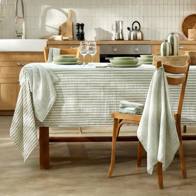 ROMIE Nappe gaze de coton rectangle rayures Eucalyptus/Blanc