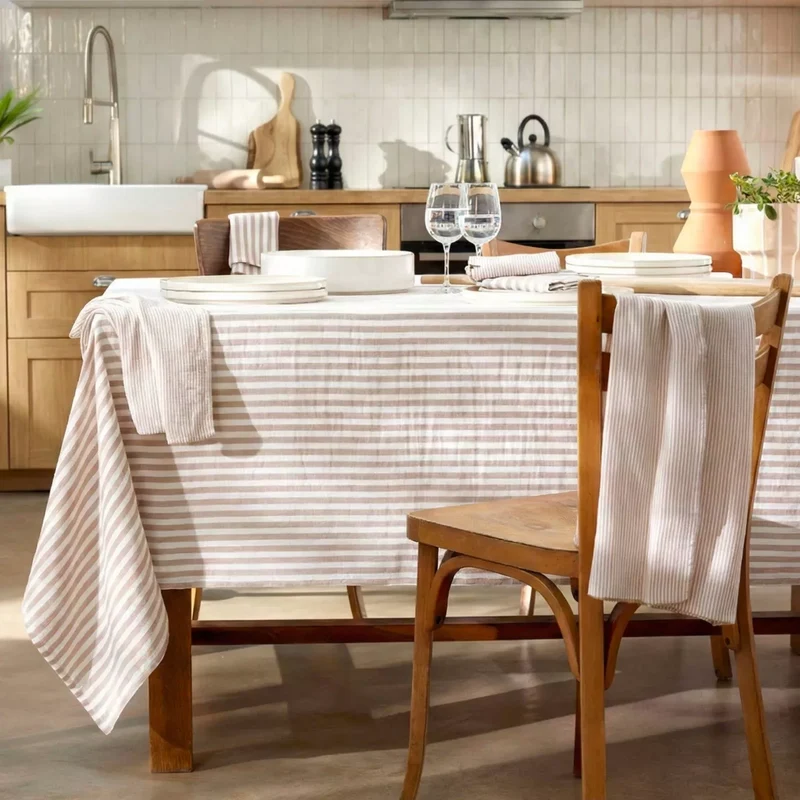 ROMIE Nappe gaze de coton rectangle rayures Ficelle/Blanc