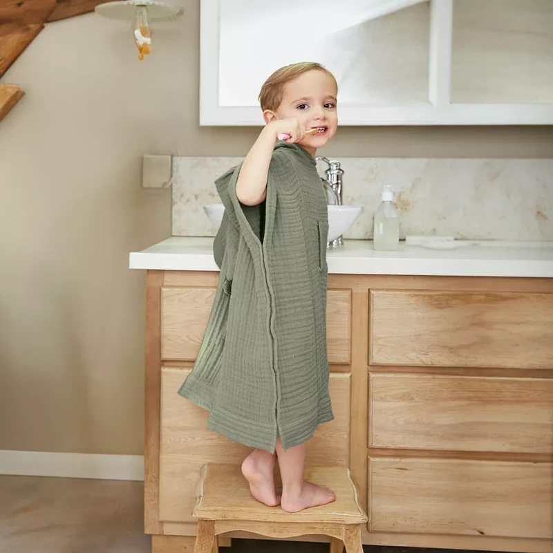 PONCHO de bain enfant gaze de coton 6/10 ans vert Romarin