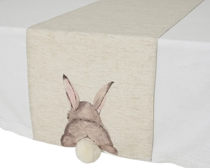 LAPIN chemin de table beige avec pompon 140 cm