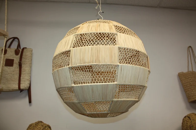 ABAT JOUR Rond Paille RAPHIA Tressée - Suspension boule Luminaire - Tressage ajouré - Décoration Bohème - Fait Main - 2 Tailles au choix