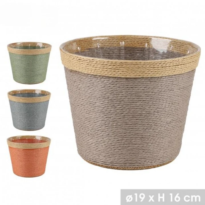 GRAND CACHE POT EN CORDE DE PAPIER INTERIEUR PLASTIQUE Ø19 x H16cm - 4 Coloris au choix -